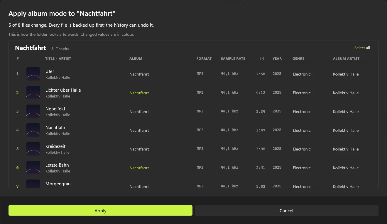 Album mode preview for Nachtfahrt: track numbers and album names that will change are marked in lime.