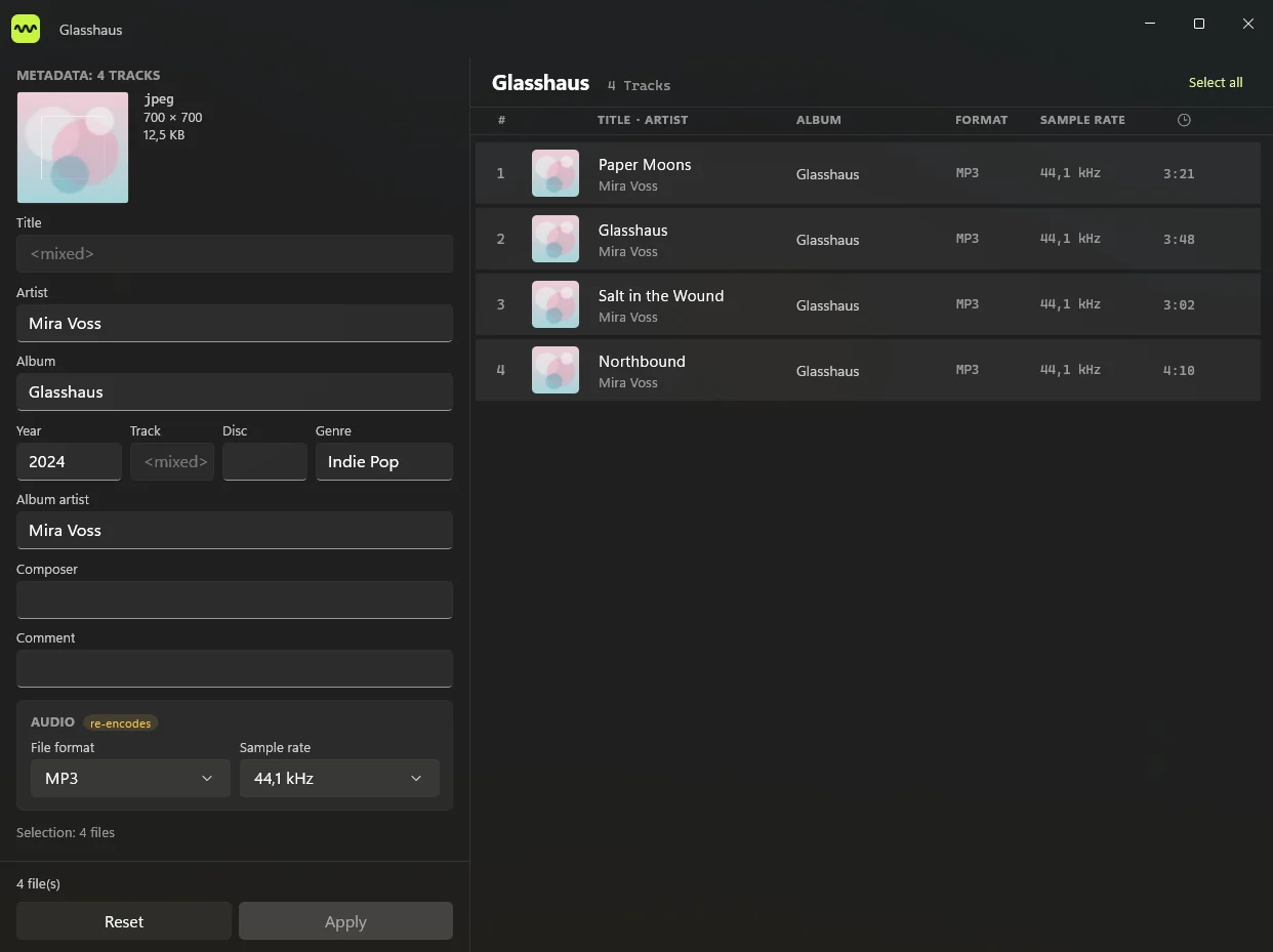 The small TagTuner window with three songs from one album listed next to their shared tags