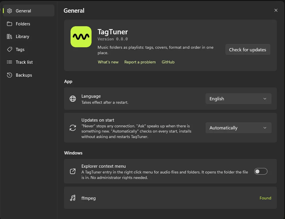 The General page of TagTuner's settings with language, updates and the Explorer context menu.