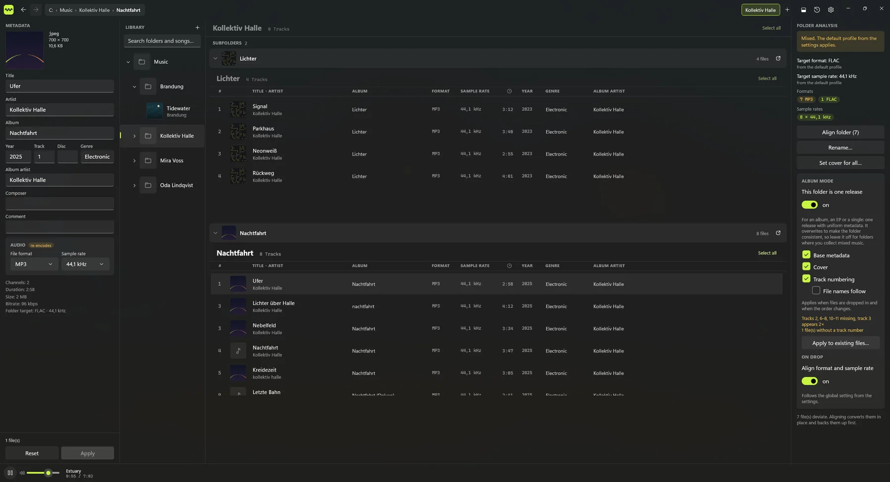 The folder Kollektiv Halle with its albums Lichter and Nachtfahrt open below each other. The panel on the right lists missing and doubled track numbers.